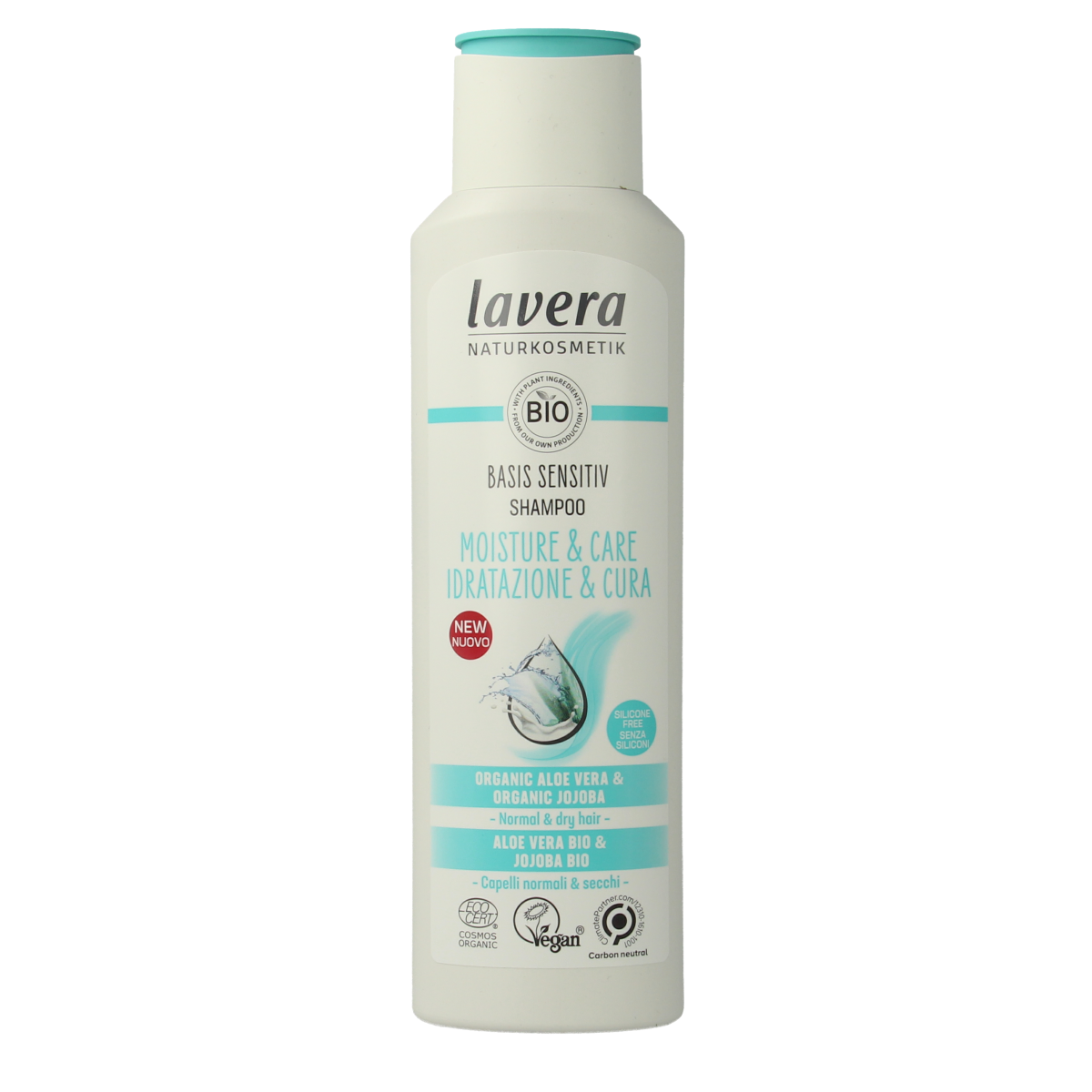 Lavera basis sensitiv moisture & care shampoo bottle with label, 250ml, for gentle hair and scalp care.