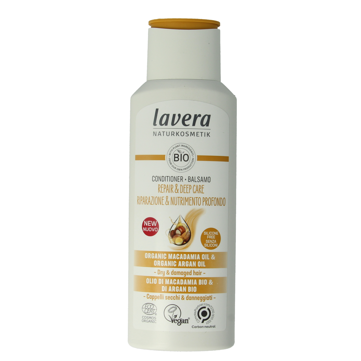 Lavera Repair & Deep Care Conditioner for damaged hair in 200ml bottle, nourishing hair care product.