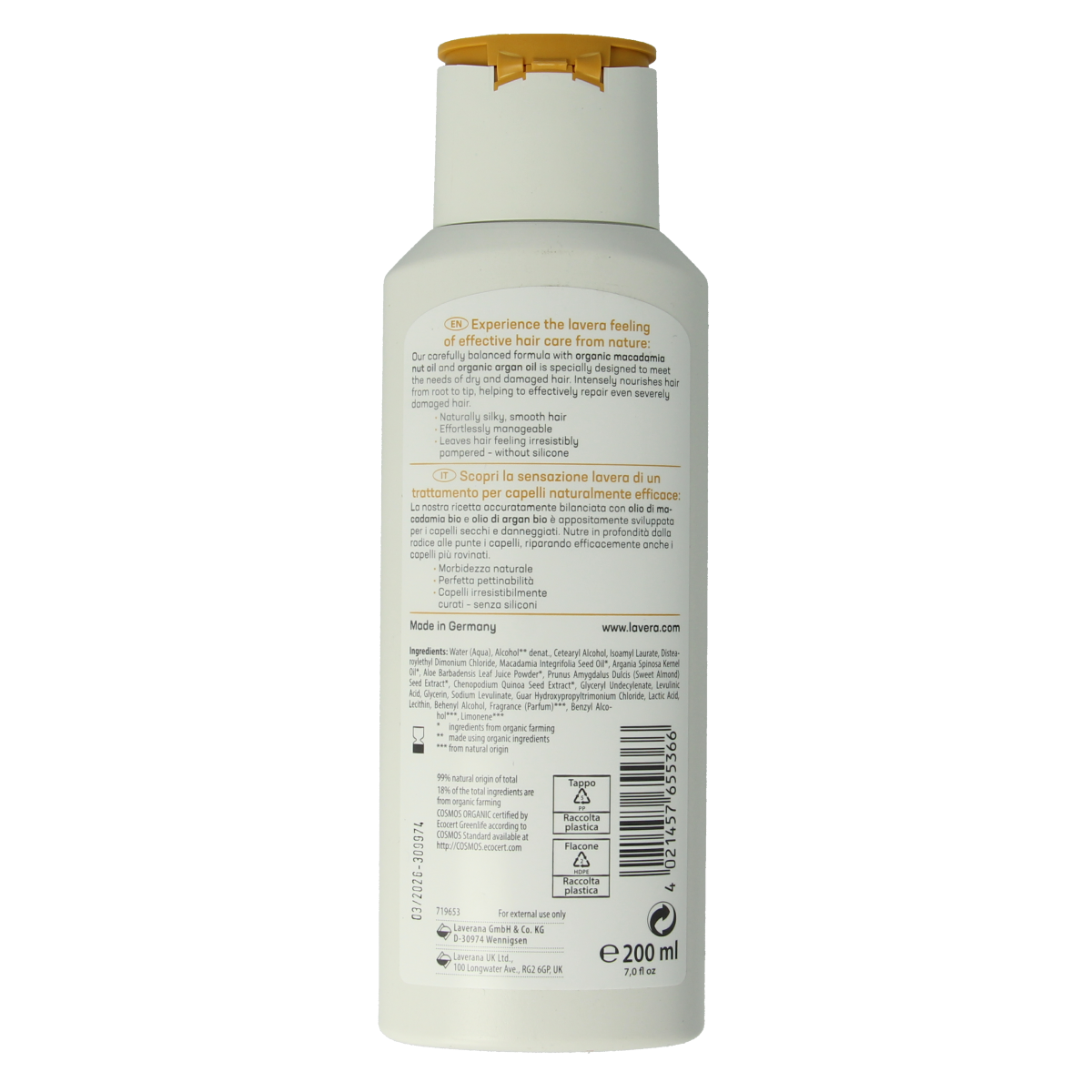 Lavera Repair & Deep Care Conditioner for hair, 200ml, in a white bottle with a flip-top cap, featuring natural ingredients and branding.