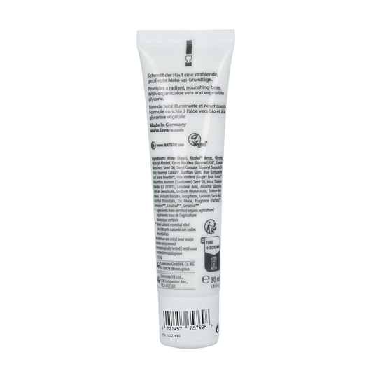 Lavera Glow serum primer in a 30ml bottle, facial skincare product with a sleek design and clear labeling.