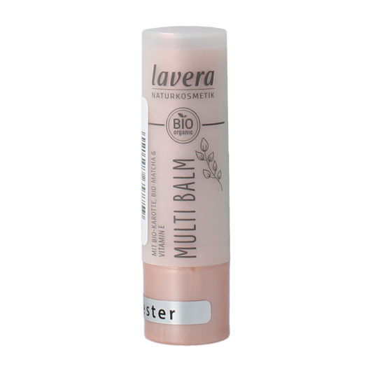 Lavera Multi Balm Sunshine Red 01 lip care product with red tinted balm and natural ingredients, displayed in packaging.
