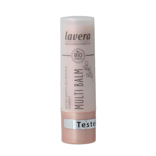 Lavera Multi Balm Sunrise Rose 04 lip care tester, featuring a natural rose shade in a sleek packaging.