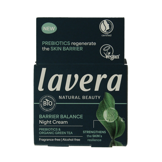 Lavera Barrier Balance Night Cream in 50ml jar, natural facial skincare product with a label showing ingredients and branding.