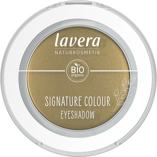 Lavera Signature Colour Eyeshadow in Golden Jade 07, natural makeup look, in a compact with shimmering gold-green shade.