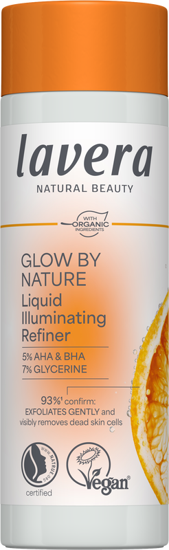 Lavera Glow by Nature liquid illuminating refiner in 100ml bottle, facial skincare product with a sleek design and clear label.