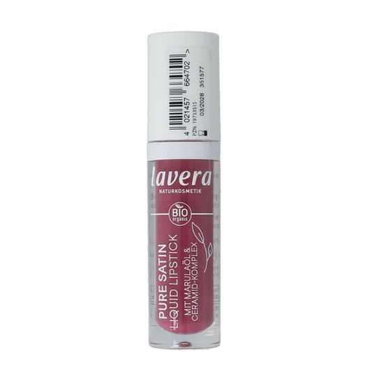 Lavera liquid lipstick in Wild Mauve 03, natural makeup with a vibrant mauve shade, shown in a close-up image.