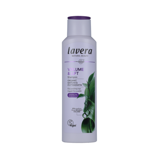 Lavera Shampoo Volume & Lift 250ml for hair care, featuring a clear bottle with lavender and herbal ingredients.