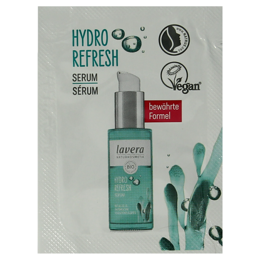 Lavera Hydro Refresh Face Serum sample pack with 100 units, featuring clear bottles and dropper applicators for skincare.
