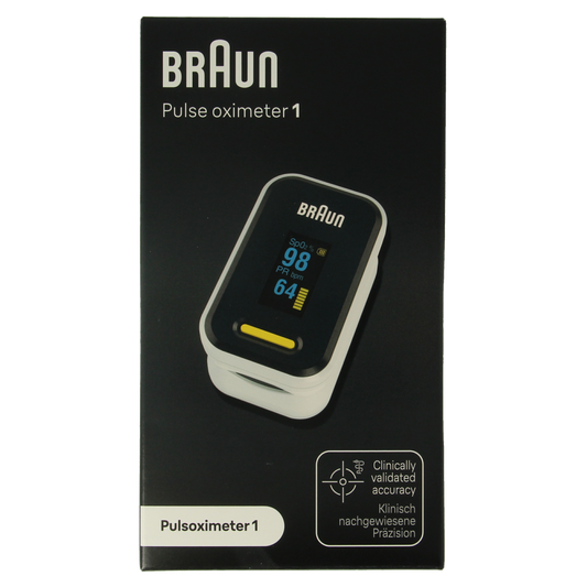 Braun pulse oximeter instrument showing digital display and finger sensor, used for measuring blood oxygen levels.