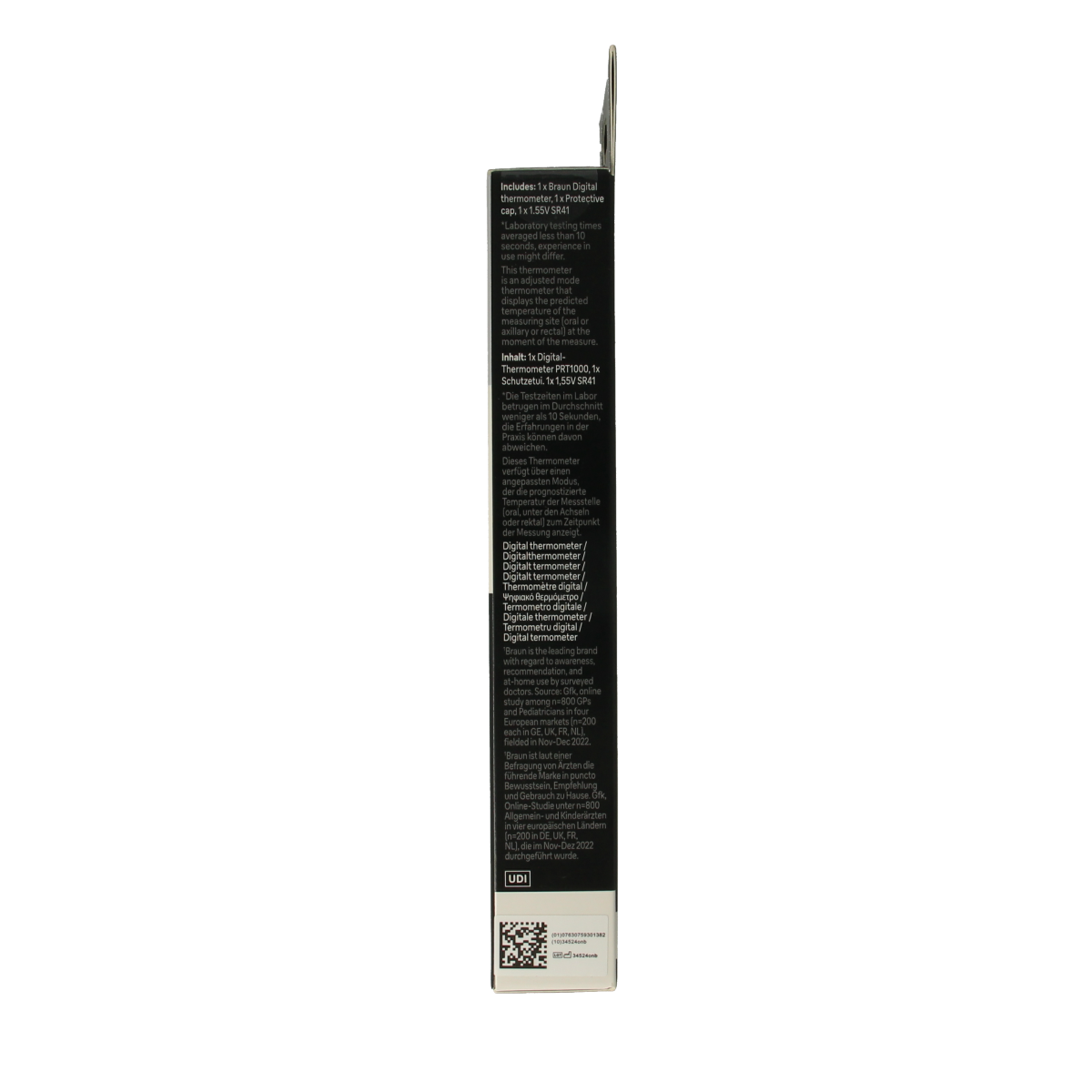 Braun digital thermometer PRT1000 showing a clear LCD display, designed for accurate temperature measurement.