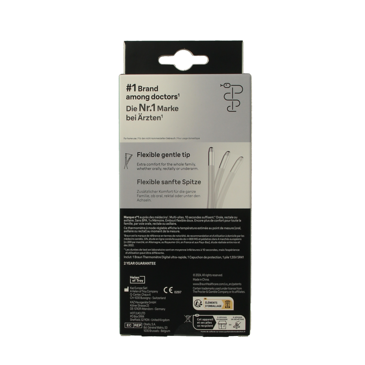 Braun digital thermometer PRT1000 displaying a digital screen with temperature readings, sleek design, and measurement probe.