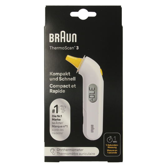 Braun Thermoscan IRT 3030WE infrared thermometer showing digital display and temperature sensor for accurate body temperature readings.