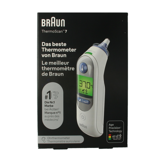 Braun Thermoscan 7 IRT 6520 infrared thermometer showing digital display and probe sensor for accurate temperature readings.