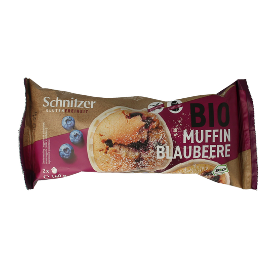Schnitzer blueberry gluten-free organic muffin in a 140g package, showing a golden-brown muffin with blueberries inside.