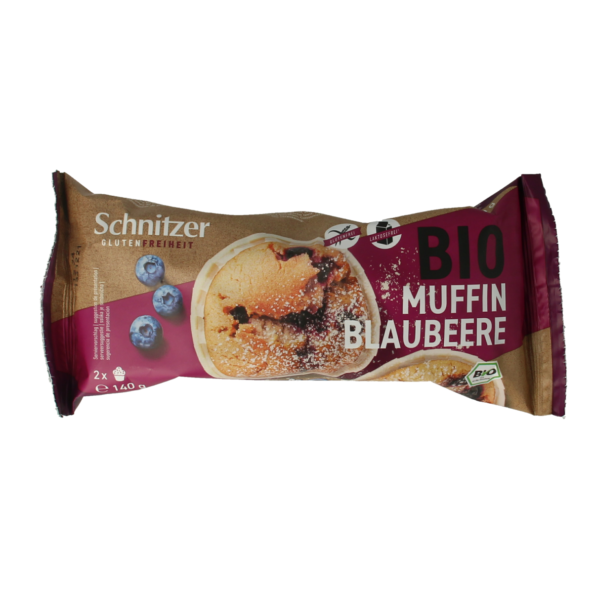 Schnitzer blueberry gluten-free organic muffin with a golden-brown top and fresh blueberries inside, 140g.