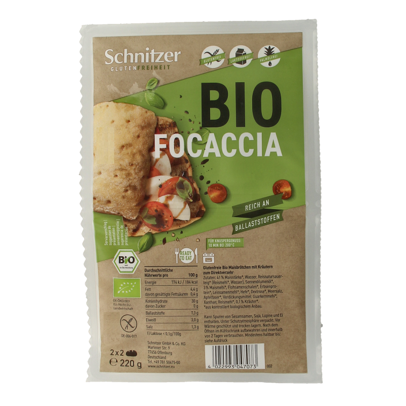 Schnitzer glutenvrije bio focaccia, 4 stuk, 220g, soft, golden-brown vegan bread perfect for sandwiches or snacks.