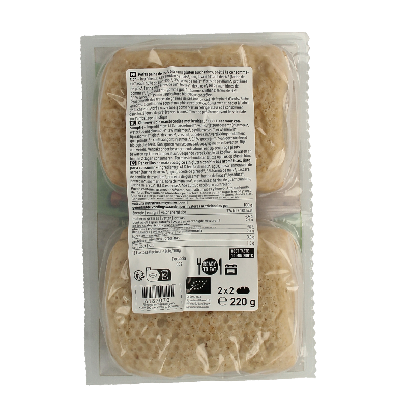Schnitzer glutenvrije biologische focaccia met 4 stukken, 220 gram, in een verpakking met zichtbare focaccia's en branding