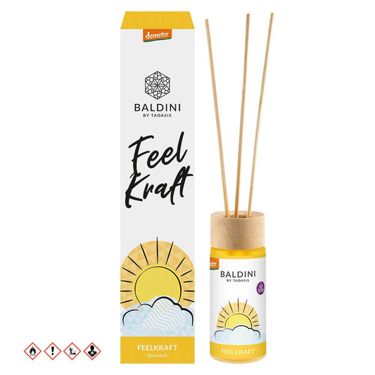 Baldini Geurstokjes feelkraft bio demeter scent diffusers with 50ml of fragrance liquid for aromatic home ambiance.