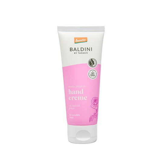Baldini Rose Demeter hand cream in 75ml tube, moisturizing hand care product with floral rose scent.