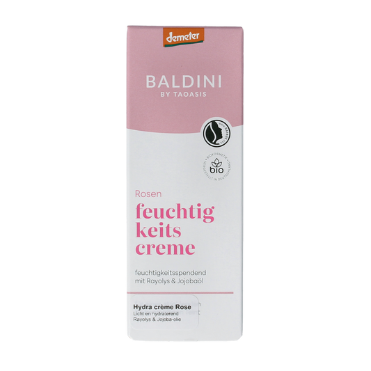 Baldini Lichte Creme Hydraterend Rose Demeter facial moisturizer jar, 50ml, with rose scent and lightweight texture.