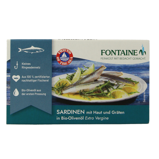Canned Fontaine sardines with skin and bones in 120g tin, ideal for seafood dishes and healthy protein options.