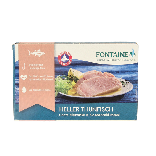 Canned Fontaine tonijn in water, 120g, with label showing product details and brand logo.