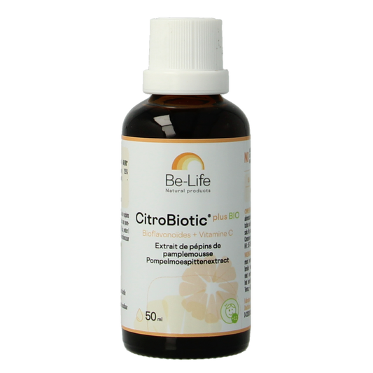 Be-Life Citrobiotic Plus bio herbal supplement bottle, 50ml, with label showing herbal ingredients and product details.
