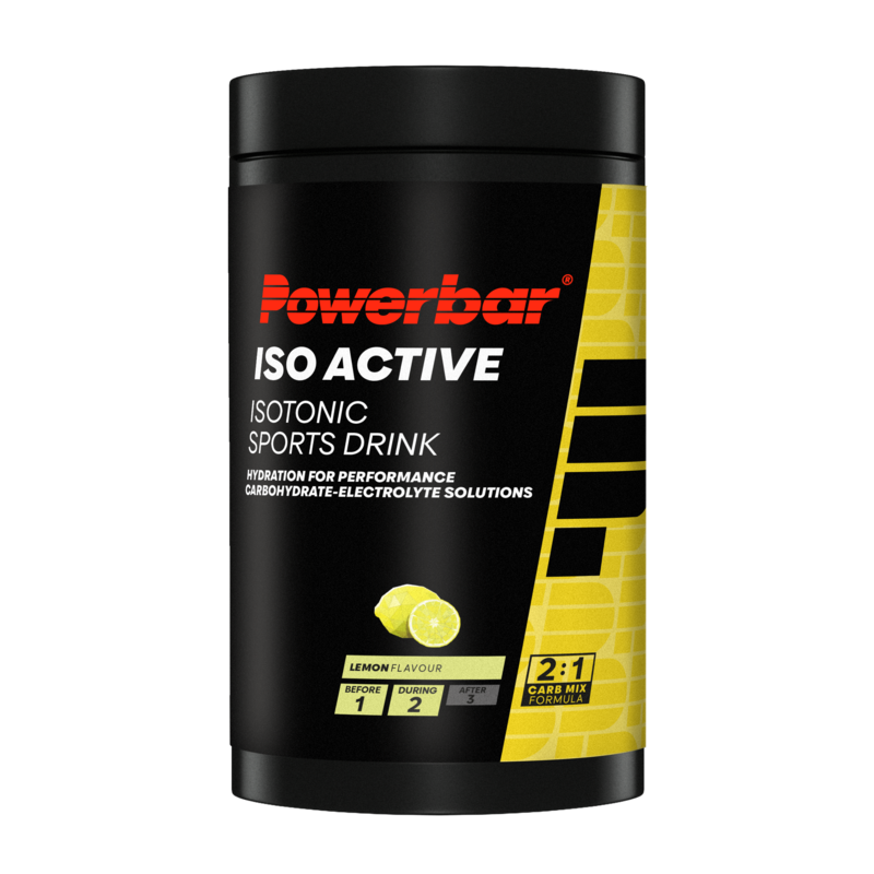 Powerbar Isoactive lemon sports nutrition powder in a 600g container, with lemon flavor and scoop for hydration and energy.