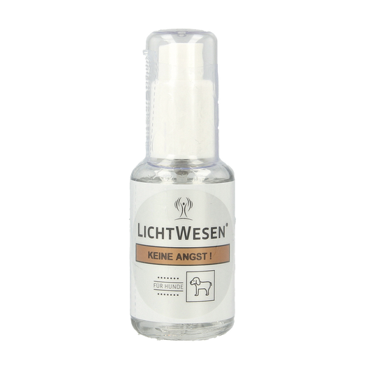 Lichtwesen Geen angst hond, 30ml, animal care product designed to reduce anxiety in dogs, shown in a clear bottle.