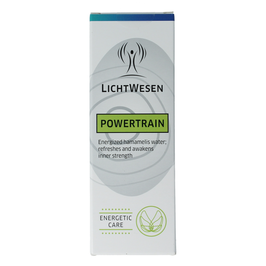 Lichtwesen Powertrain energiespray 100ml in a clear spray bottle, used for spiritual energies and wellness practices.