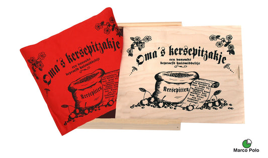 Marco Polo Kersenpitkussen kruiken in a wooden box, 1 piece, traditional Dutch cherry pit pillow for comfort and warmth.