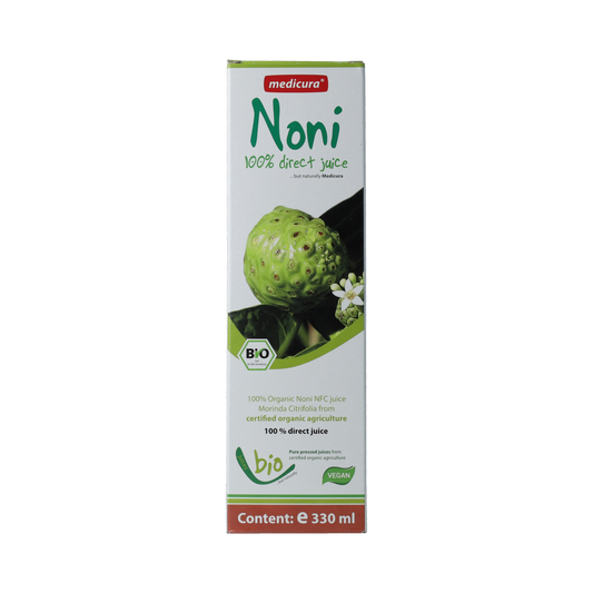 Medicura Noni 100% sap in a 330ml bottle, natural bio juice with health benefits, from Medicura brand.
