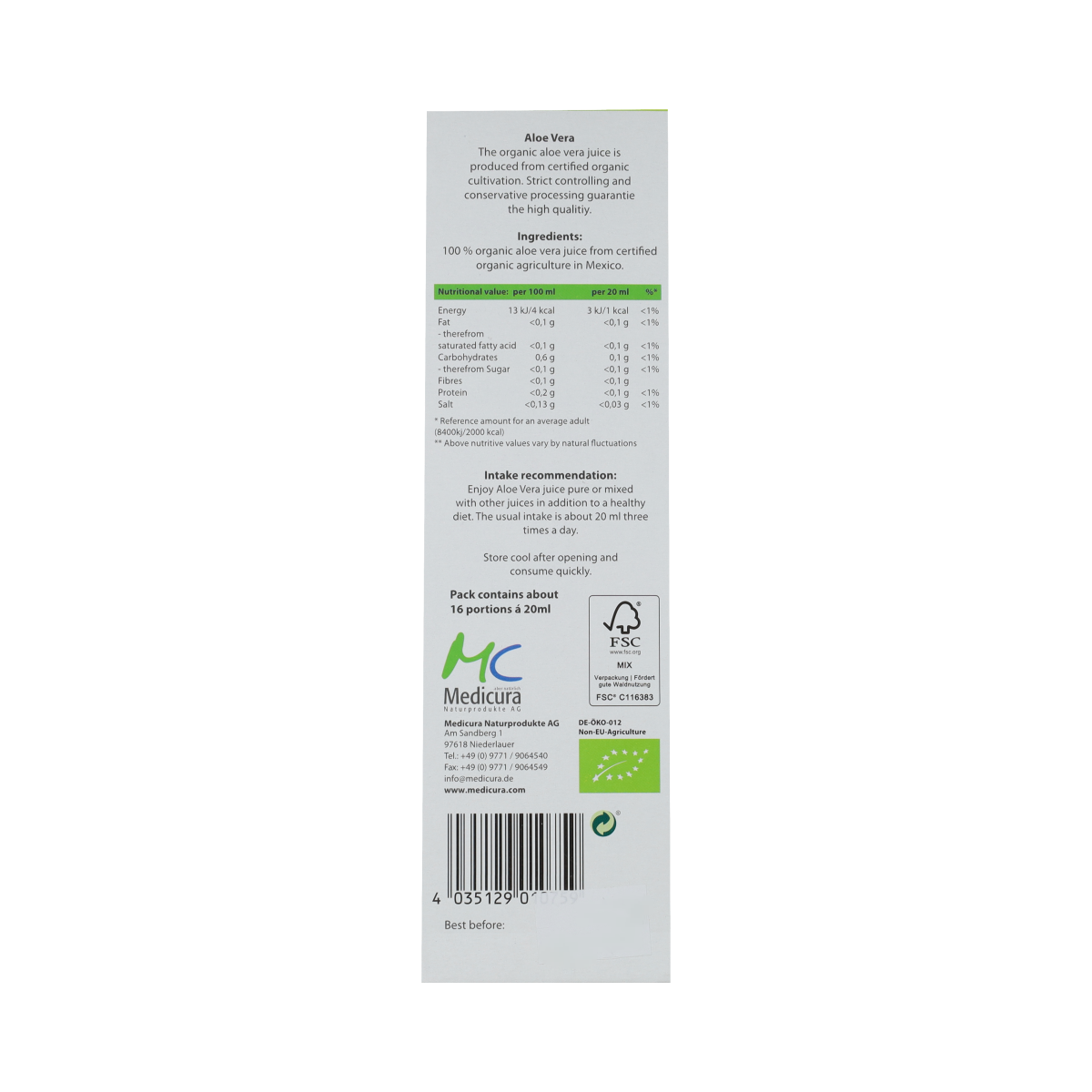 Medicura Aloe Vera 100% sap Bio 330.00 Milliliter