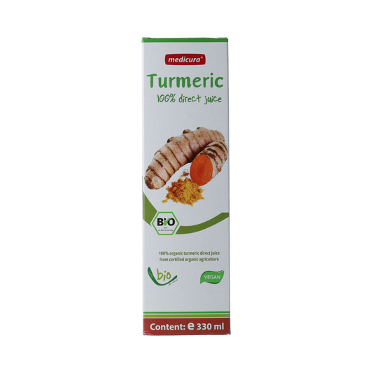 Medicura Curcuma 100% sap bio in 330ml bottle, natural turmeric juice from Medicura, transparent bottle with yellow liquid inside.