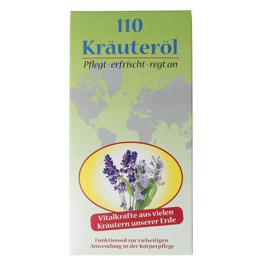 Natures House 110 Kruidenolie body care oil in a 100ml bottle, natural herbal skincare product with a clear label and green accents.