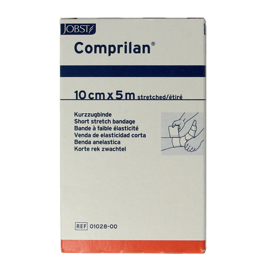 Comprilan brand short stretch wound bandage, 5m x 10cm, ideal for compression and support, shown in the image.
