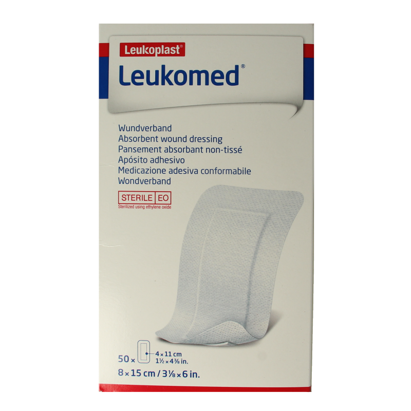 Sterile Leukomed wound dressing, 8x15cm, in a box of 50, suitable for wound care and protection.