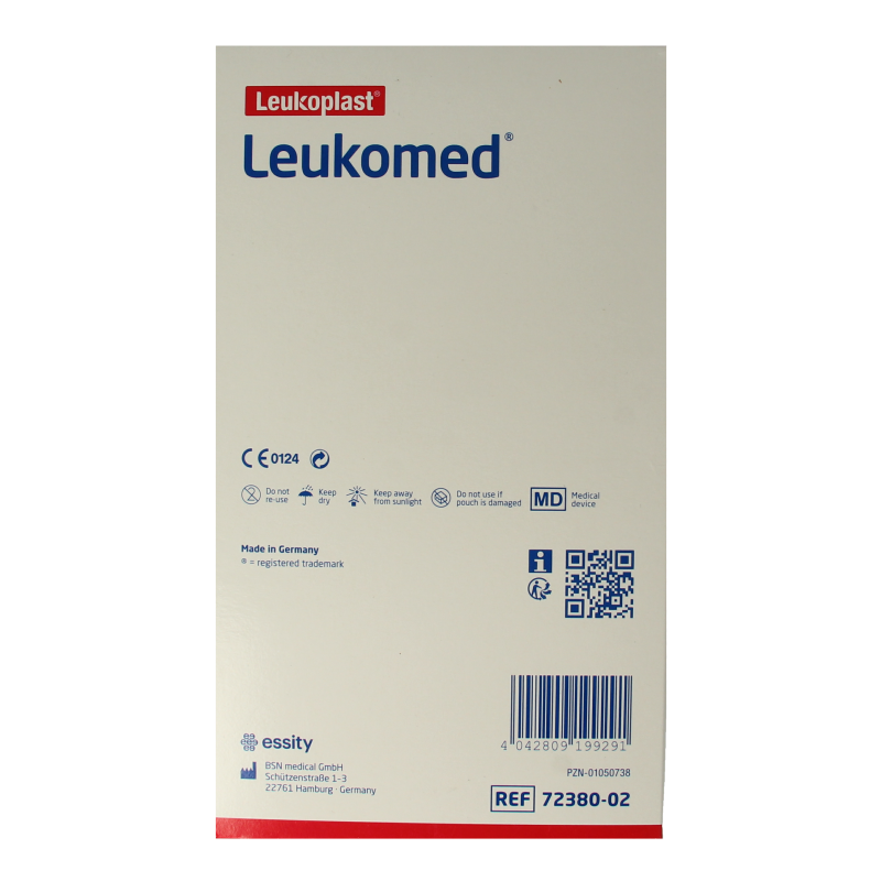 Sterile Leukomed wound dressing in 8x15cm size, shown in a box, part of the Leukomed pleisters en tape collection.