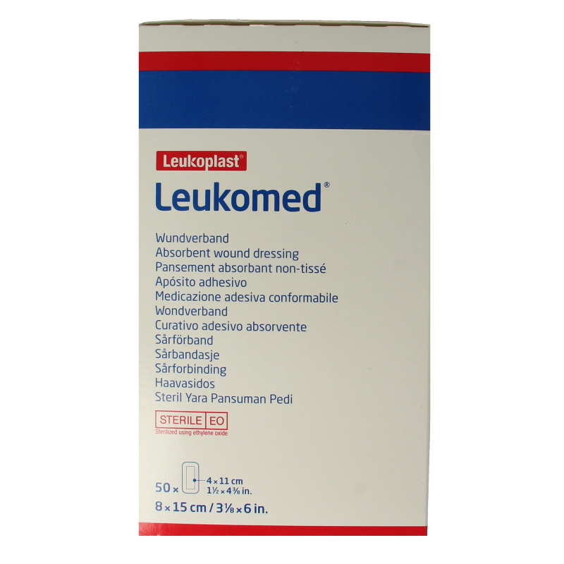 Sterile Leukomed wound dressing, 8x15cm, for wound care, shown in a box of 50 adhesive dressings from Leukomed.