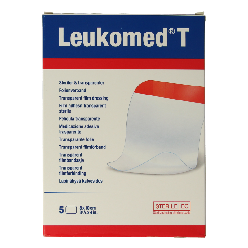 Sterile Leukomed transparent wound dressing in 8x10cm size, shown in a box of 5 sterile adhesive bandages.