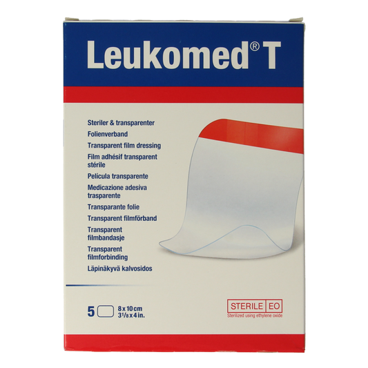 Sterile Leukomed transparent wound dressing in 8x10cm size, shown in a box of 5 sterile adhesive bandages.