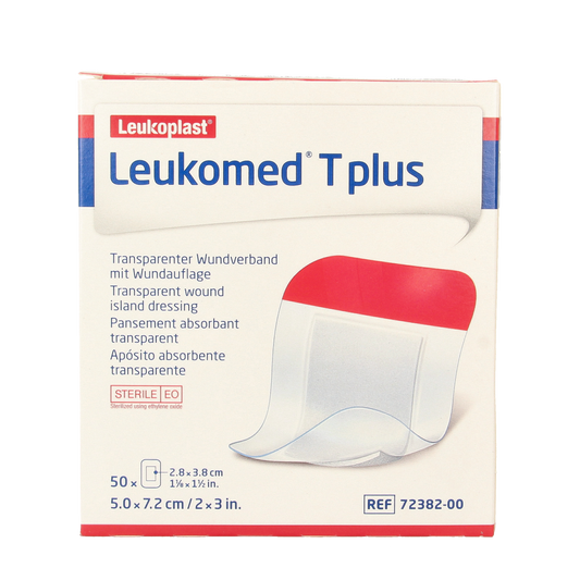 Leukomed transparent wound dressing T plus, 7.2 x 5cm, pack of 50, adhesive medical tape for wound protection and healing.