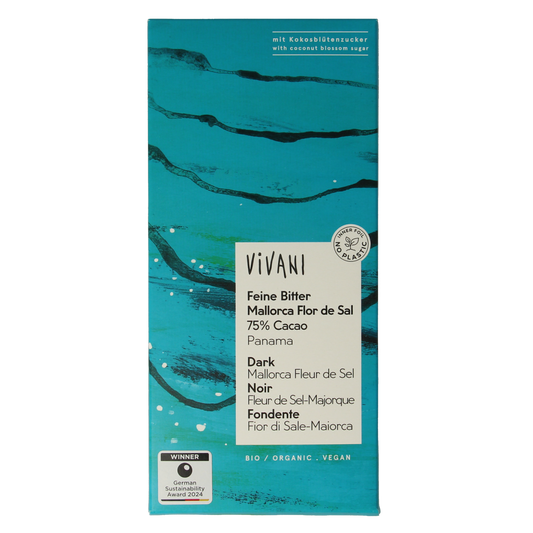 Vivani Chocolade puur zeezout 75% kokosbloesemsuiker bio 80.00 Gram