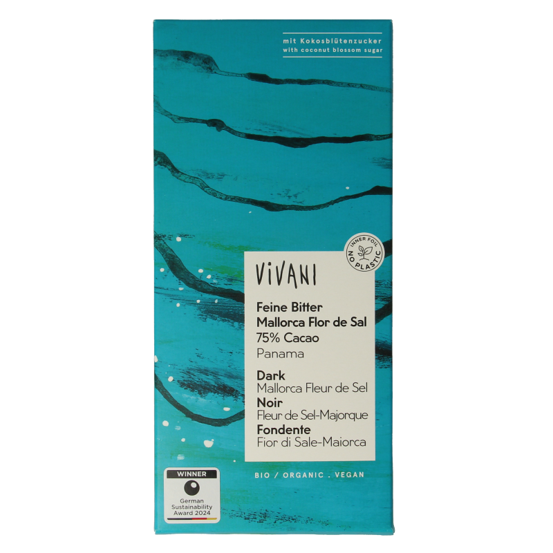 Vivani Chocolade puur zeezout 75% kokosbloesemsuiker bio 80 Gram