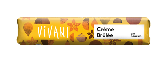 Vivani Chocolate To Go Creme Brulee bio 40g bar, showcasing rich chocolate with creme brulee flavor in a sleek package