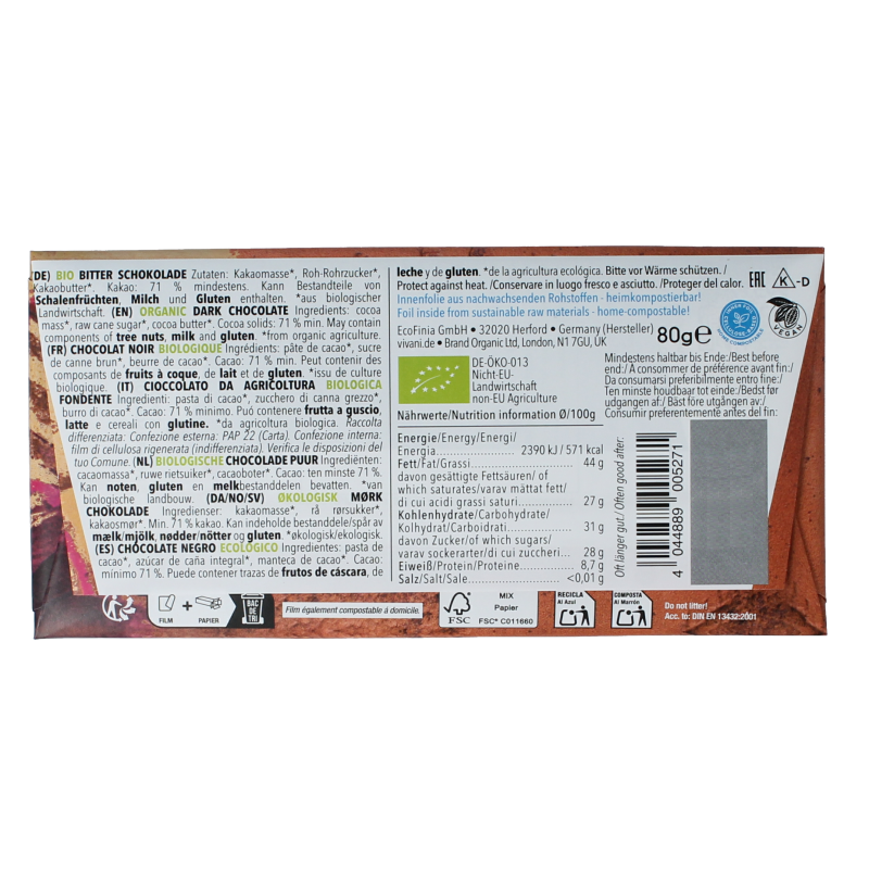 Vivani Chocolade puur 71% bio 80 Gram