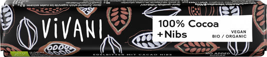 Vivani Chocolate to go puur 100% + nibs bio 25.00 Gram