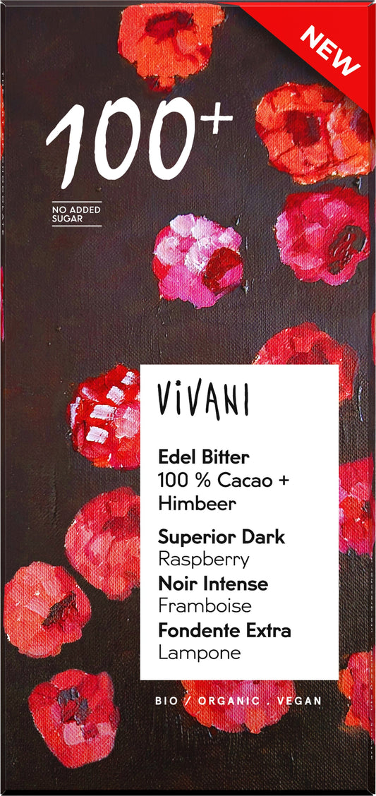 Vivani Chocolade puur 100% + framboos bio 80.00 Gram