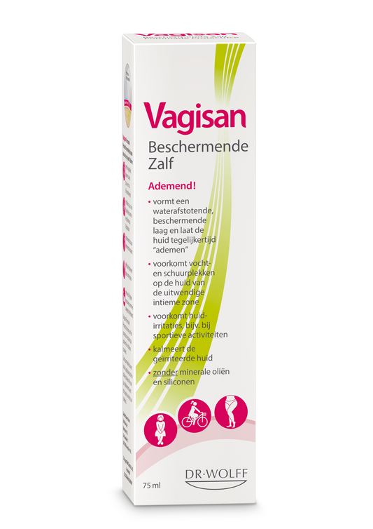 Vagisan Beschermende zalf in 75ml tube, female hygiene ointment with white and purple packaging.