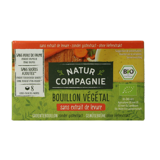 Natur Compagnie organic vegetable bouillon without yeast, 8-pack, in a clear image showing the packaging and branding.